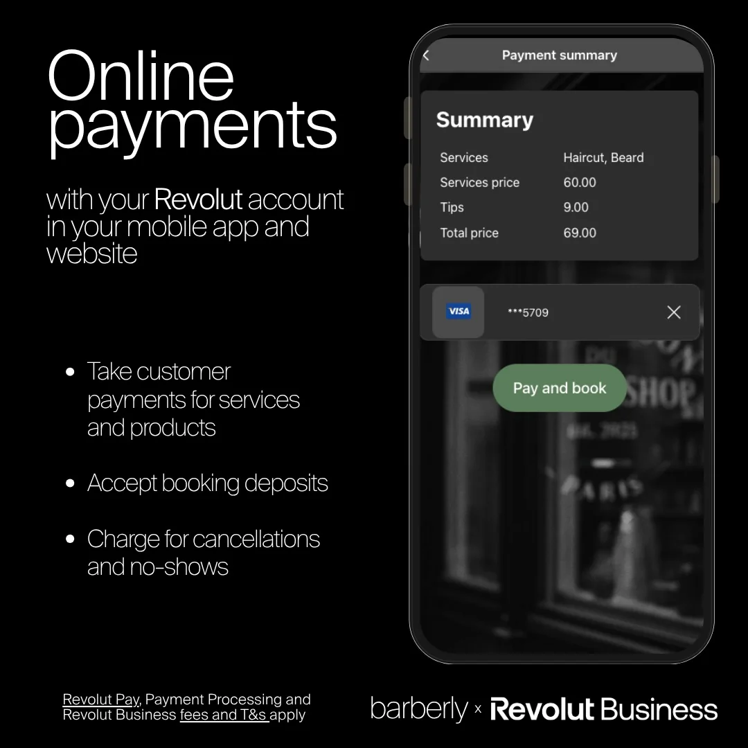 Booking-app i en barbershop, der modtager en kortbetaling via Revolut