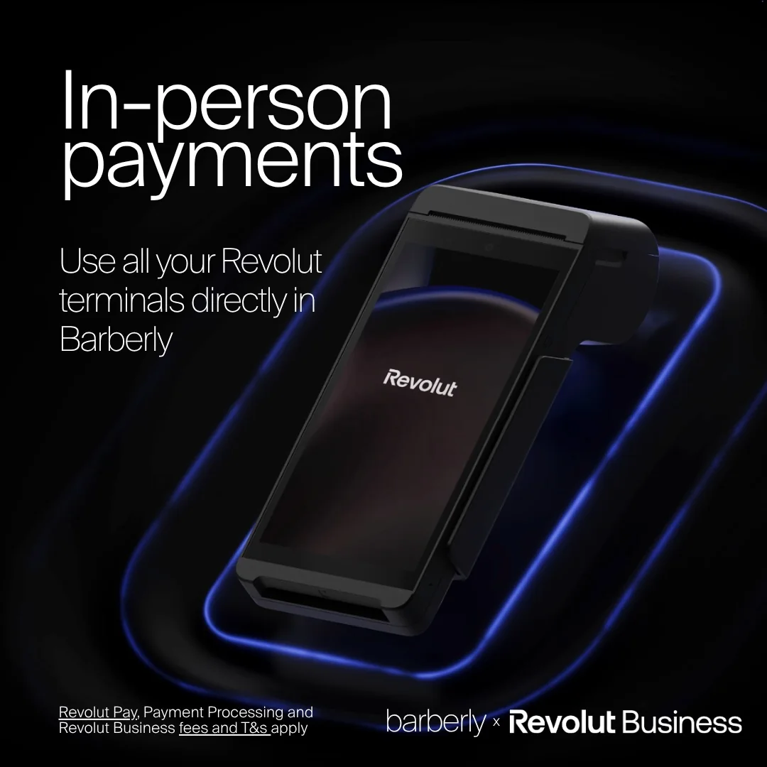 Revolut-betalingsterminal brugt med barbershop-softwaren Barberly